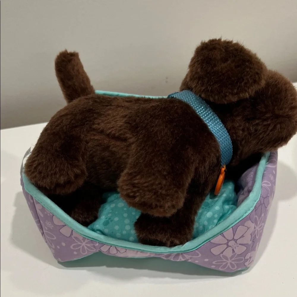 American Girl Brown Plush Dog with Teal and Purple Bed